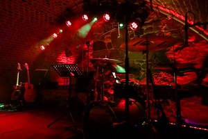 Koncert: Pracownia piosenki prezentuje - Niepozorny zaścianek - Zdjęcie przedstawia scenę w Piwnicach TCK podczas koncertu. Na scenie znajdują się wykonawcy.