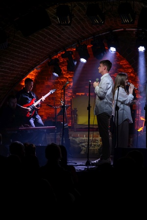 Koncert: Pracownia piosenki prezentuje - Niepozorny zaścianek - Zdjęcie przedstawia scenę w Piwnicach TCK podczas koncertu. Na scenie znajdują się wykonawcy.